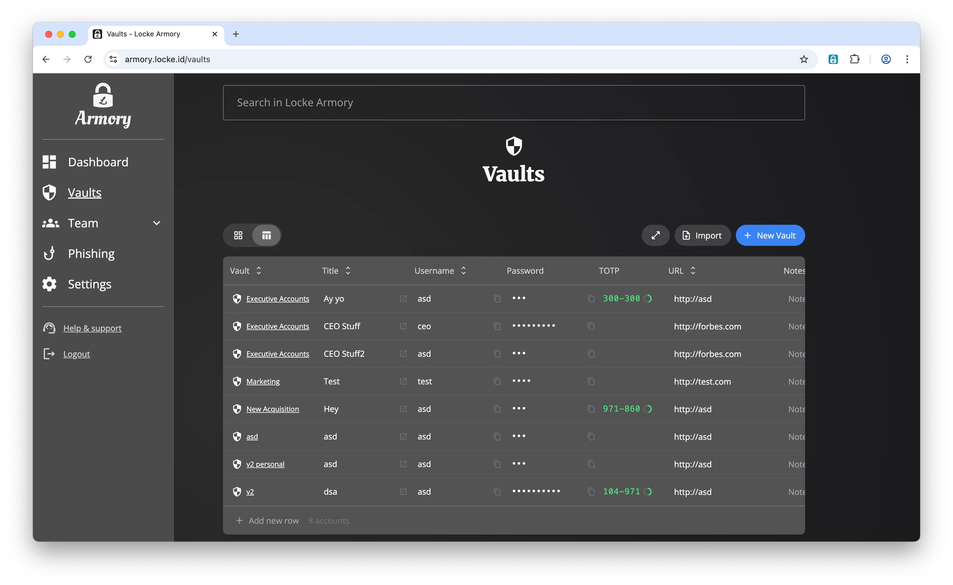 Locke Armory encrypted spreadsheet view showing password management across multiple vaults